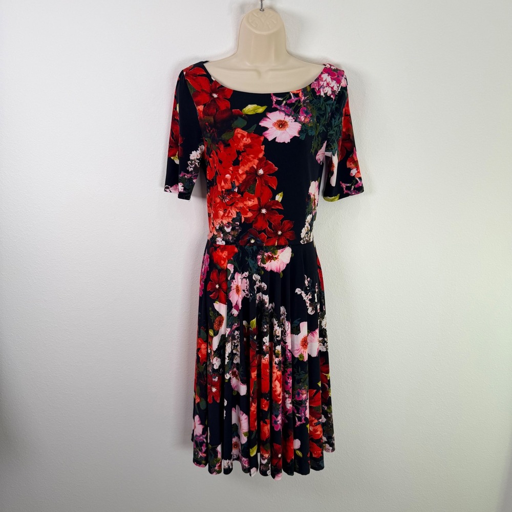 Marc Bouwer Made In Kind Floral Fit & Flare Dress Black Red Pink 6 2035-LENA